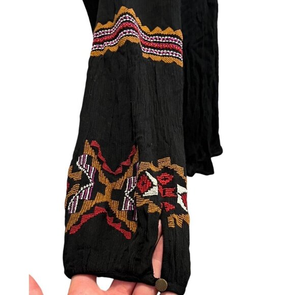 Forever 21 LARGE Black Embroidered Boho Peasant Blouse Womens Long Sleeve Top - Picture 5 of 7